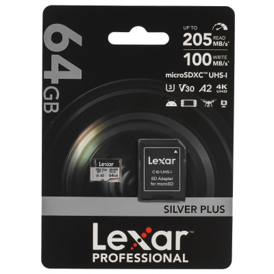 Карта памяти Lexar (microSDXC) 64Gb UHS-I U3 V30 SILVER PLUS 205/100 mb/s LMSSIPL064G-BNANG