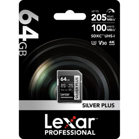 Память Lexar Pro SILVER PLUS (SDXC) 64 Gb class 10 UHS-I 205/100 mb/s LSDSIPL064G-BNNNG