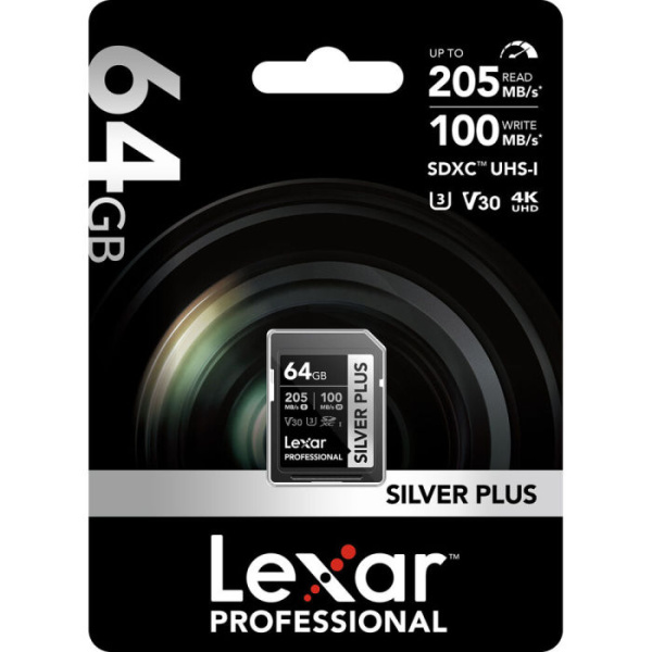 Память Lexar Pro SILVER PLUS (SDXC) 64 Gb class 10 UHS-I 205/100 mb/s LSDSIPL064G-BNNNG